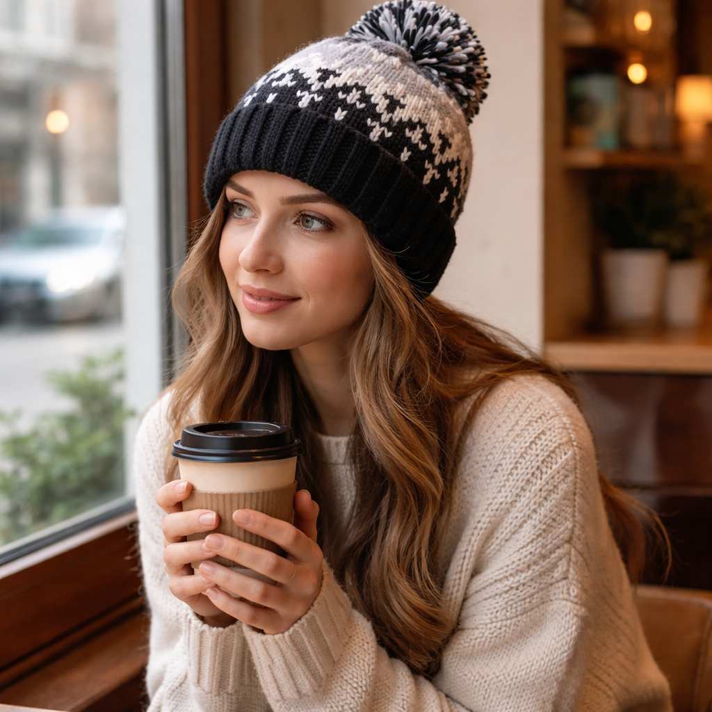 Multicolor Winter Knit Beanie Hat with Pom Pom and Nordic Pattern