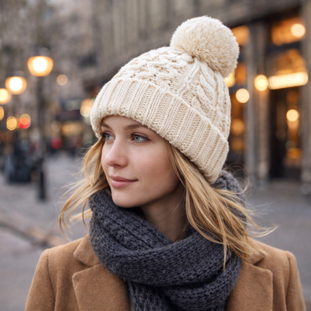 Winter Knit Pom Pom Beanie Hat – Soft Warm Cable Knit Hat for Adults