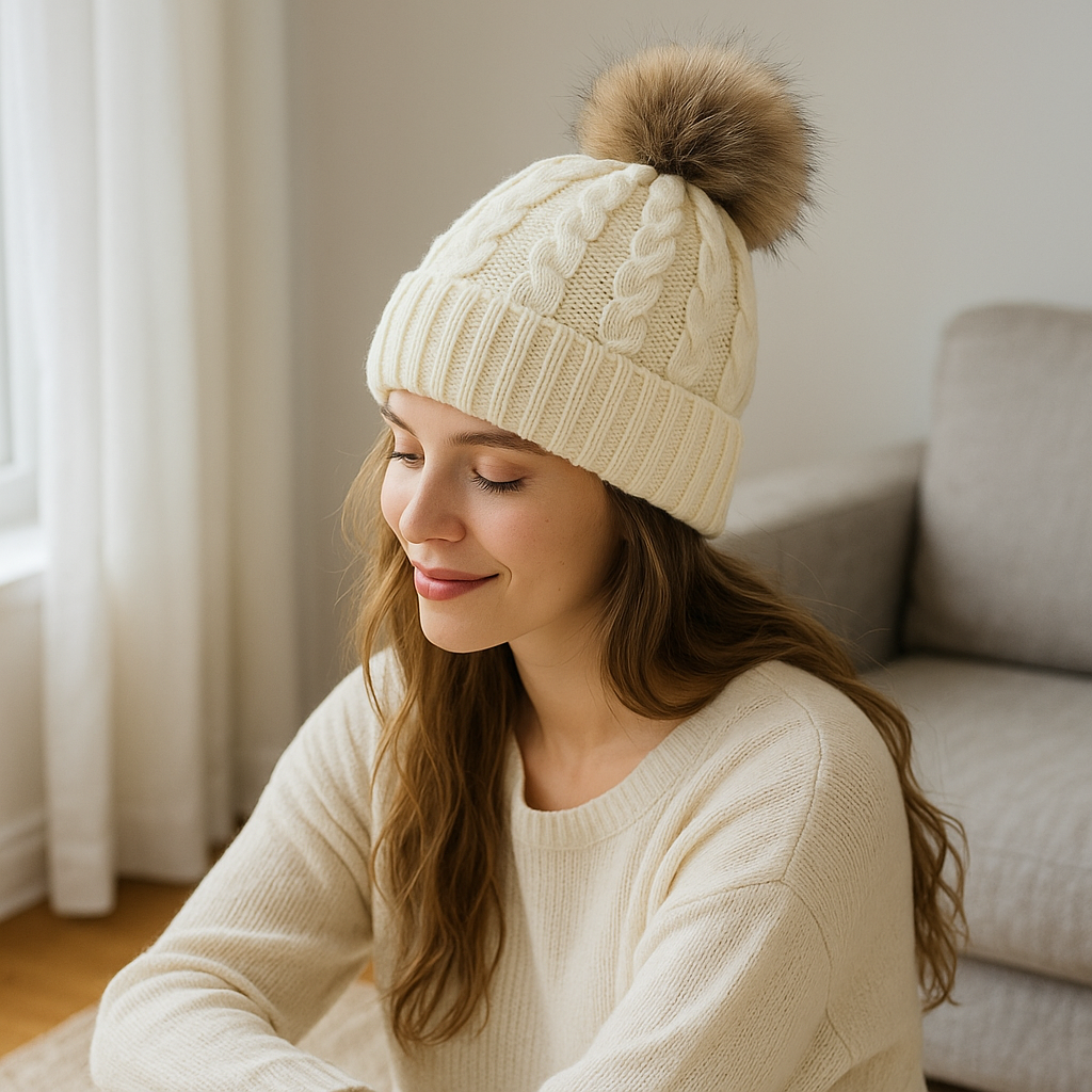 Winter Cable Knit Pom Pom Beanie Hat with Faux Fur