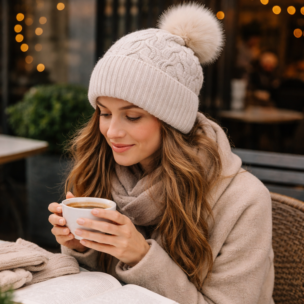 Cable Knit Cuffed Beanie Hat with Faux Fur Pom Pom