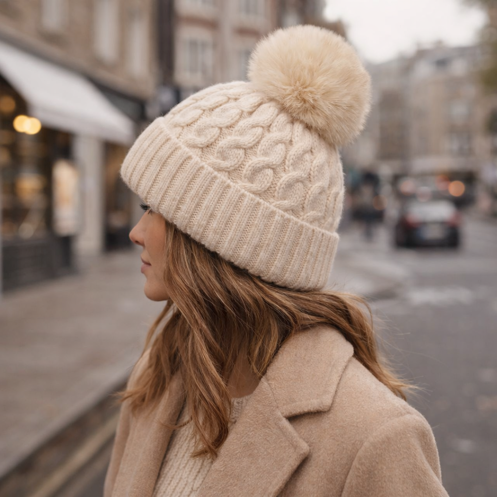 Winter Warm Knit Beanie Hat with Faux Fur Pom for Women - Soft Ribbed Cuffed Style