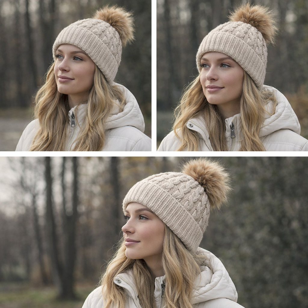Winter Cable Knit Pom Pom Beanie – Thick Warm Cuffed Design