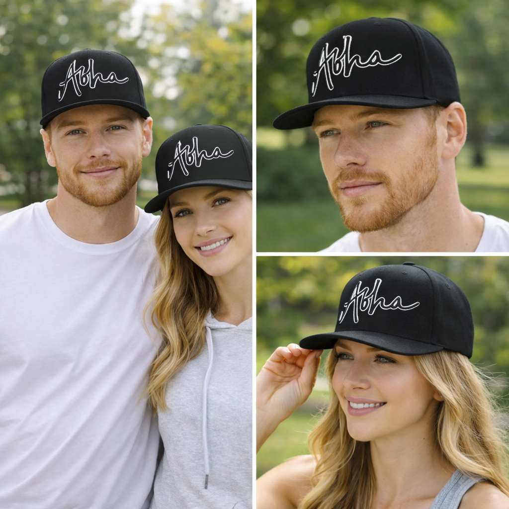 Black Aloha Script Embroidered Flat Brim Snapback Hat