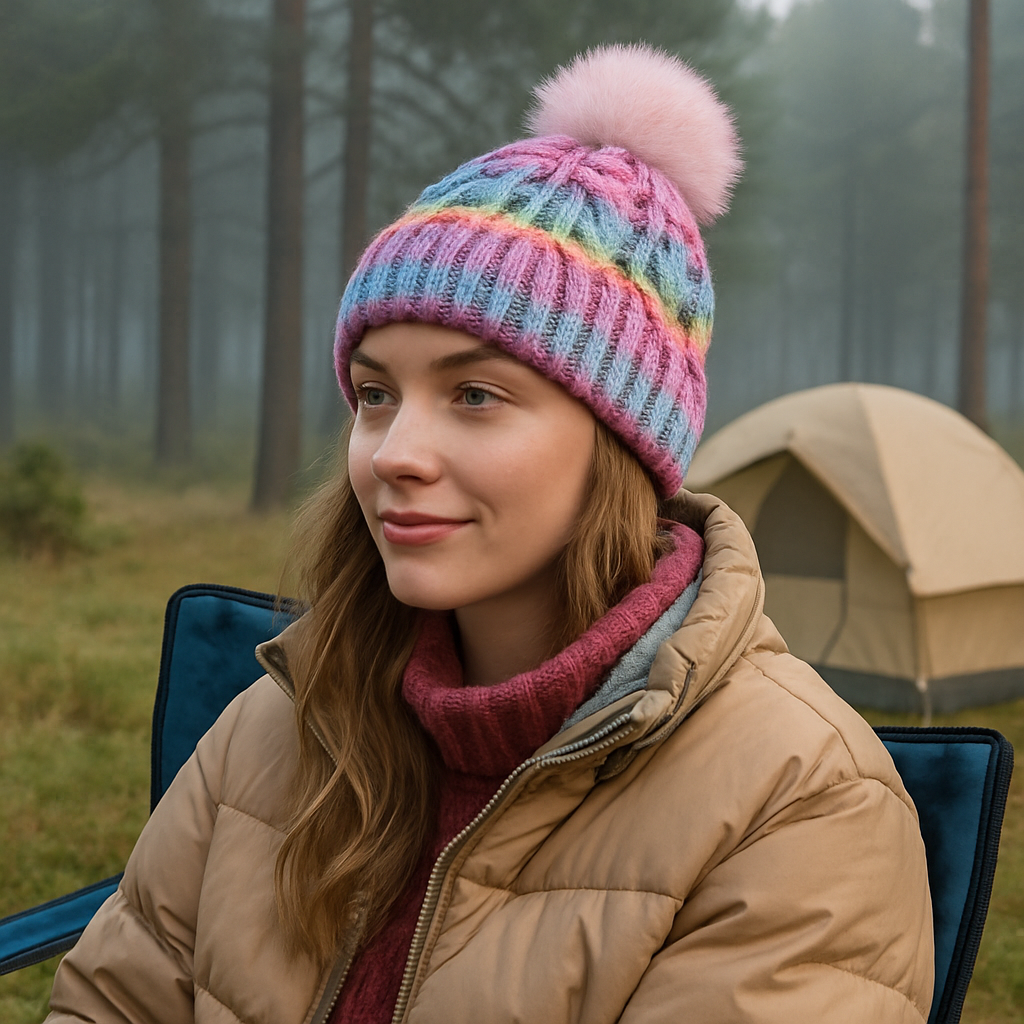 Rainbow Gradient Cable Knit Beanie with Faux Fur Pom Pom