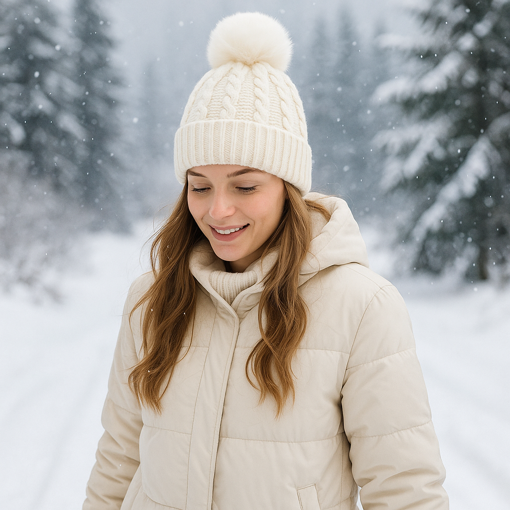 Winter Warm Knit Beanie Hat with Faux Fur Pom Pom – Multiple Colors