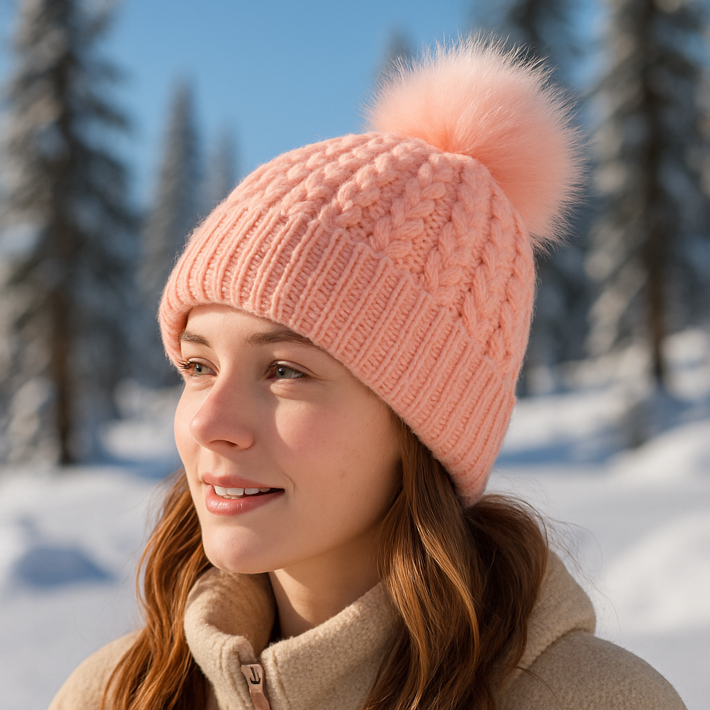 Winter Warm Knitted Beanie with Faux Fur Pom and Satin Lining