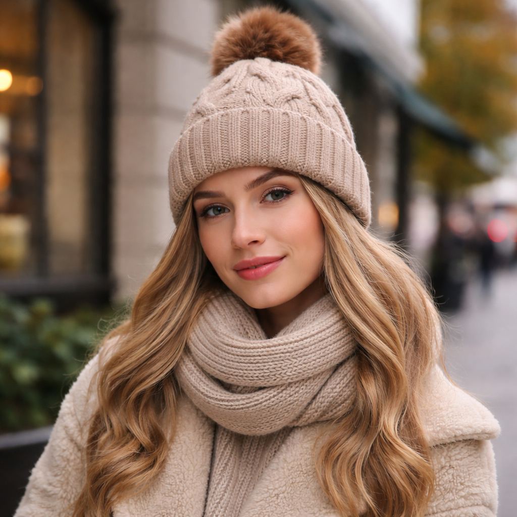 Winter Warm Chunky Knit Beanie with Faux Fur Pom Pom