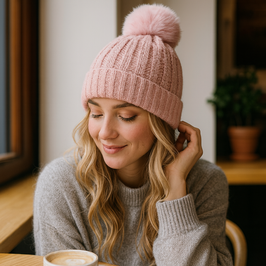 Warm Cable Knit Beanie with Faux Fur Pom