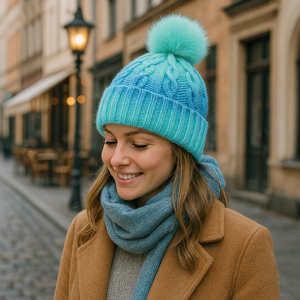 Rainbow Gradient Cable Knit Beanie with Faux Fur Pom Pom