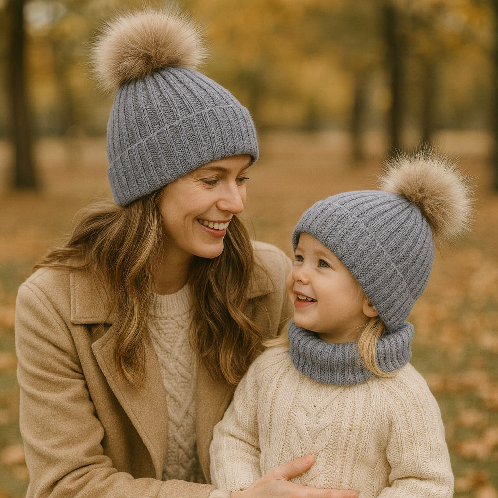 Warm Winter Knit Pom Pom Hat – Adult & Kid Matching Beanie Set