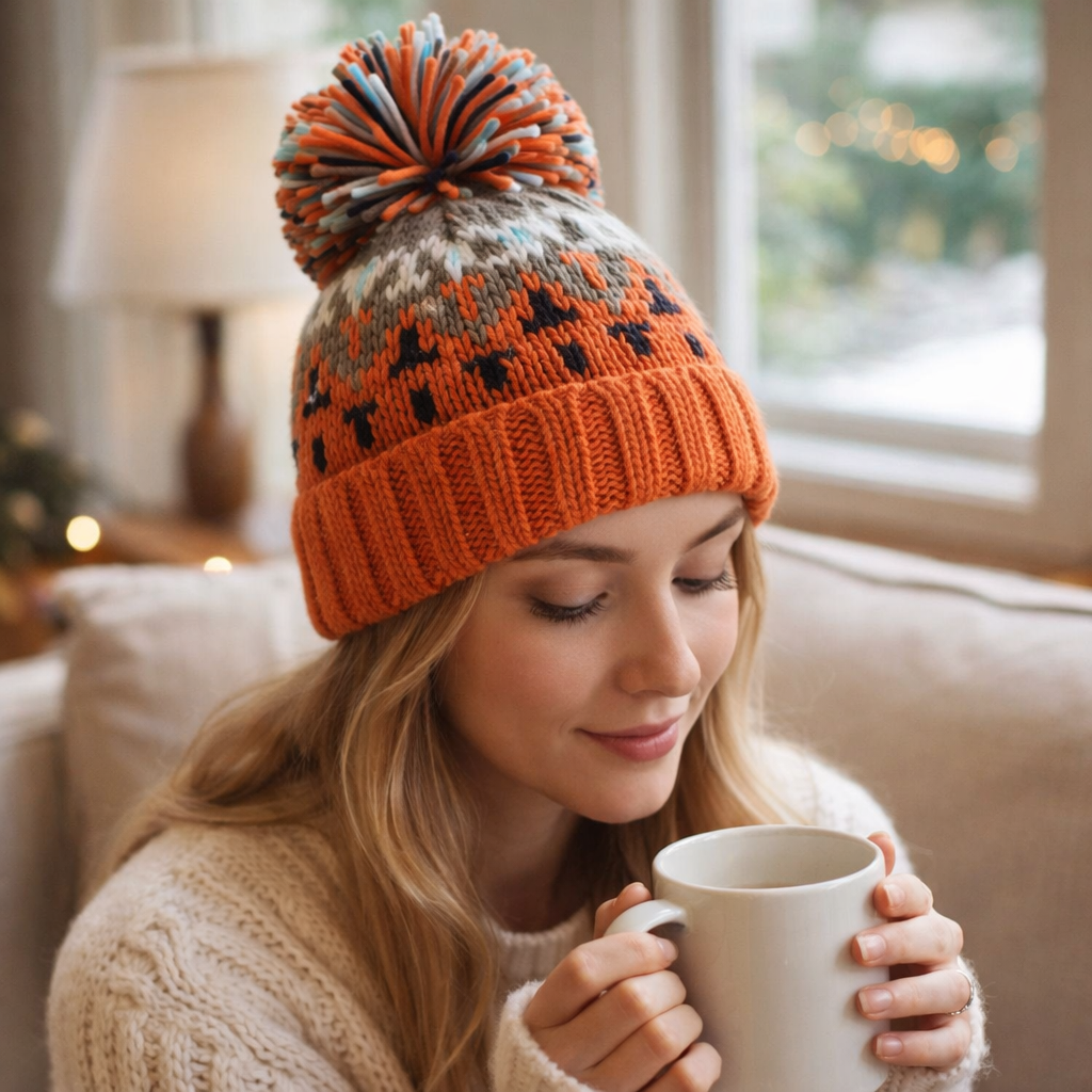 Multicolor Winter Knit Beanie Hat with Pom Pom and Nordic Pattern