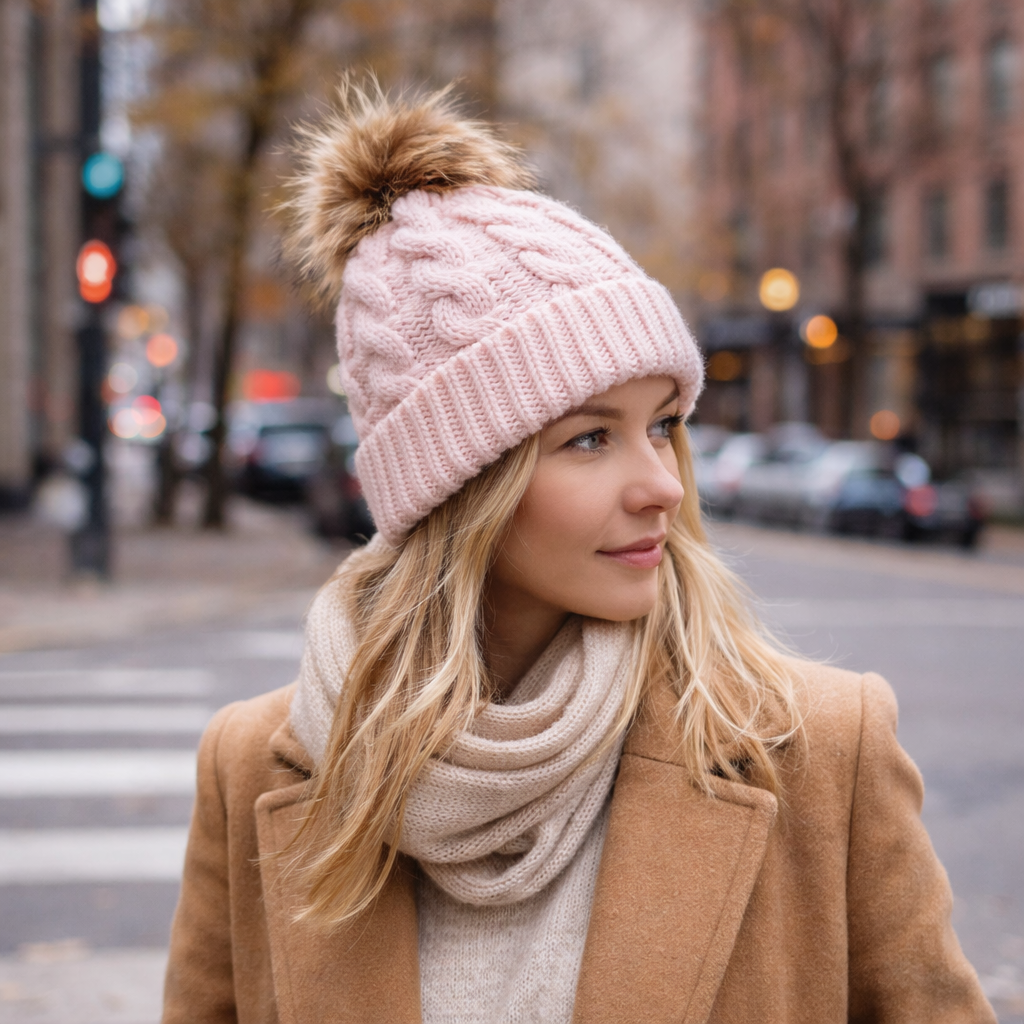 Winter Knit Beanie with Faux Fur Pom – Multiple Colors
