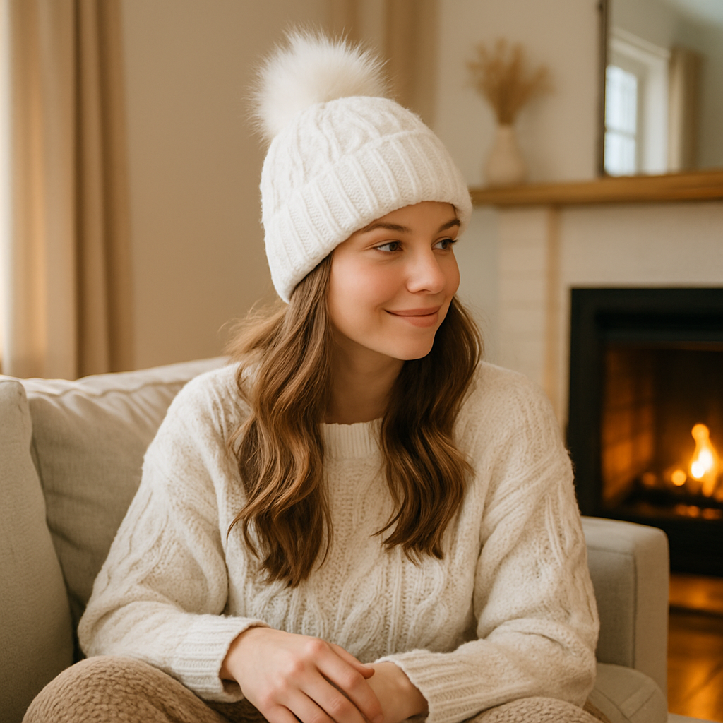Winter Warm Knitted Beanie with Faux Fur Pom and Satin Lining