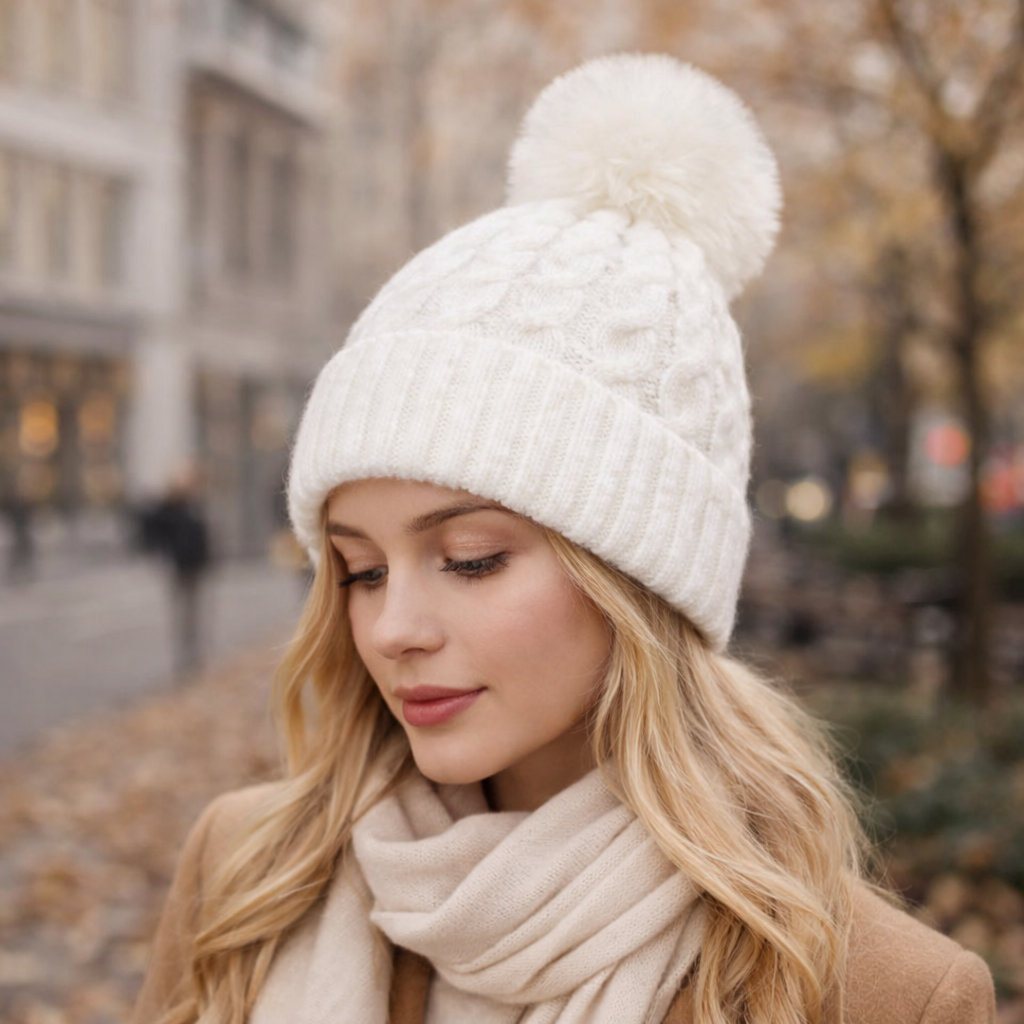 Winter Warm Knit Beanie Hat with Faux Fur Pom for Women - Soft Ribbed Cuffed Style