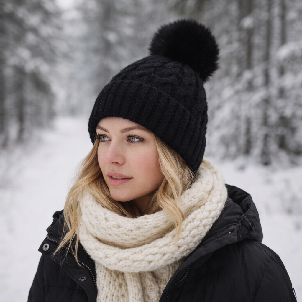 Winter Knit Beanie Hat with Faux Fur Pom – Thick Cable Cuffed Warm Cap for Women