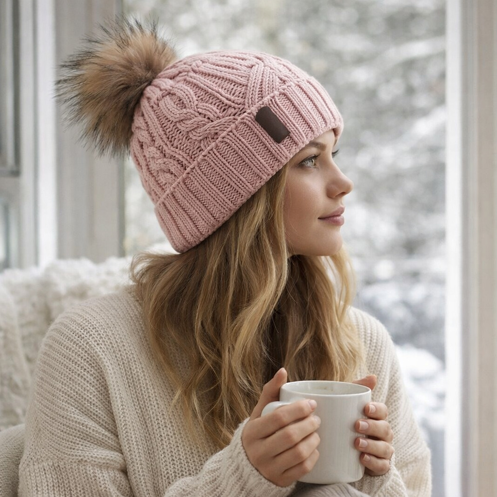 Winter Warm Knit Pom Beanie with Faux Fur Trim