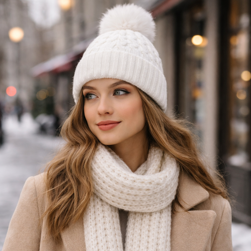 Winter Cable Knit Beanie Hat with Faux Fur Pom Pom