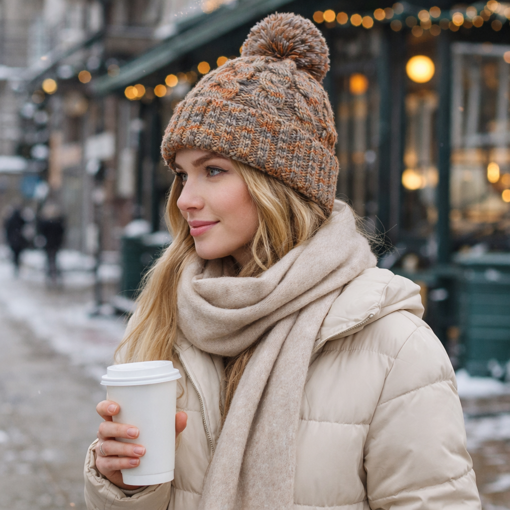 Multicolor Cable Knit Cuffed Pom Pom Winter Beanie Set