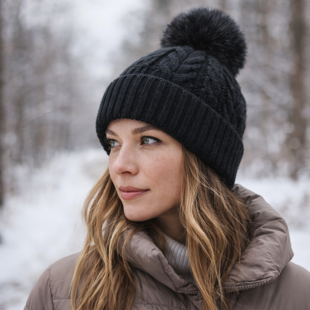 Chunky Knit Pom Pom Winter Beanie – Multiple Colors with Faux Fur Top