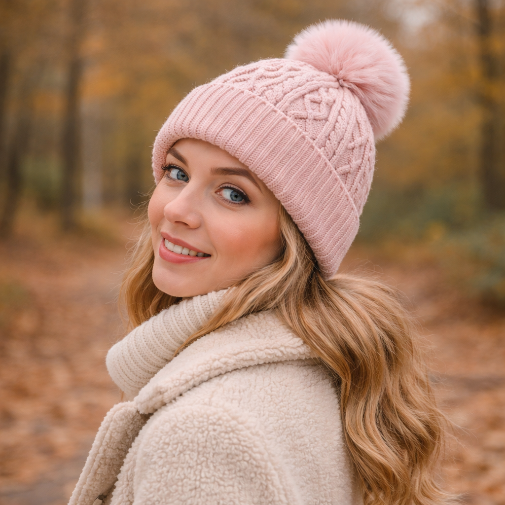 Winter Pom-Pom Cable Knit Beanie in Multiple Colors
