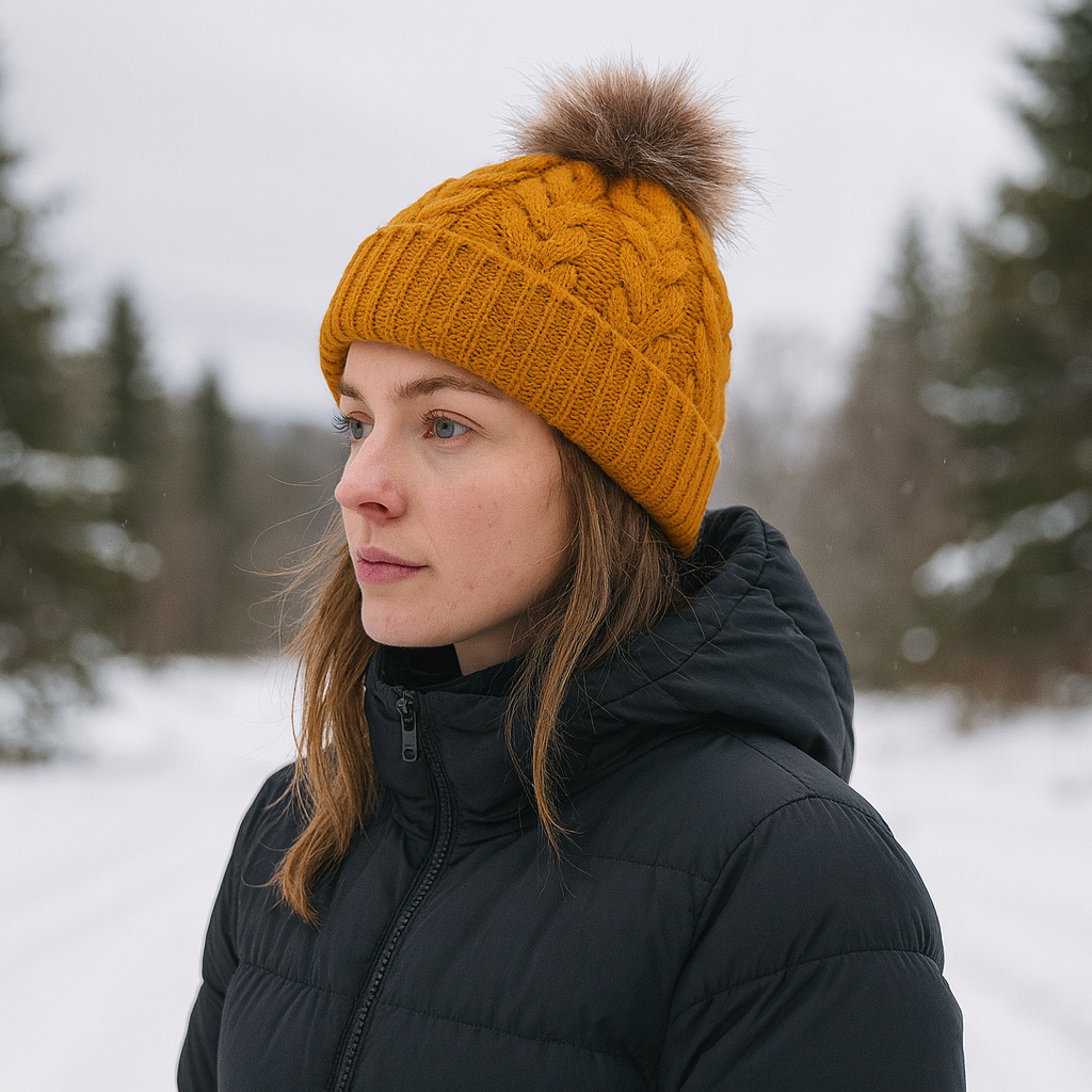 Winter Cable Knit Pom Pom Beanie Hat with Faux Fur