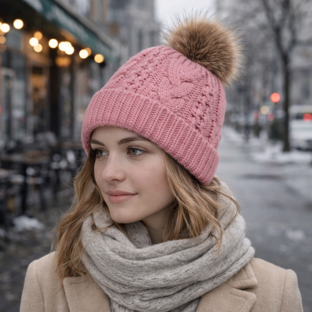 Winter Cable Knit Beanie with Faux Fur Pom – Soft Warm Cuffed Hat