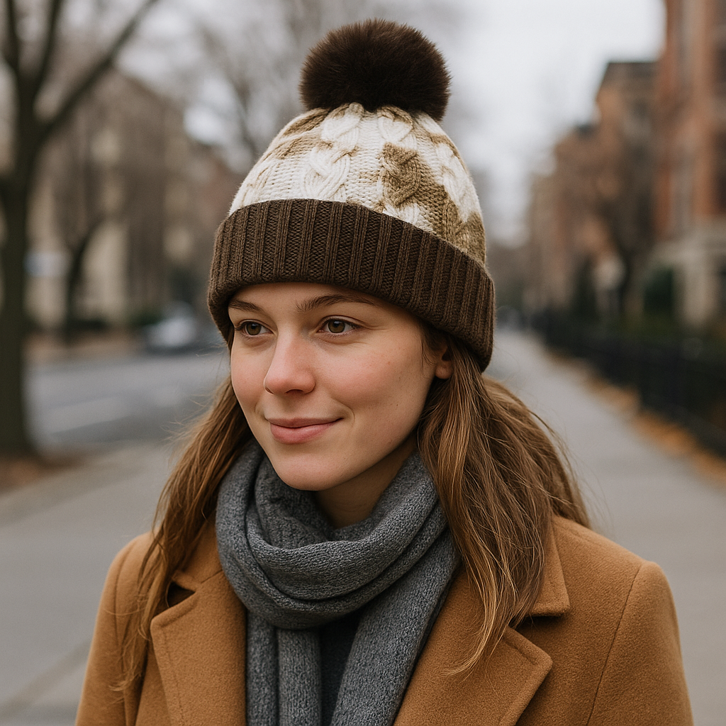Winter Warm Cable Knit Pom Pom Beanie with Folded Cuff and Faux Fur Ball