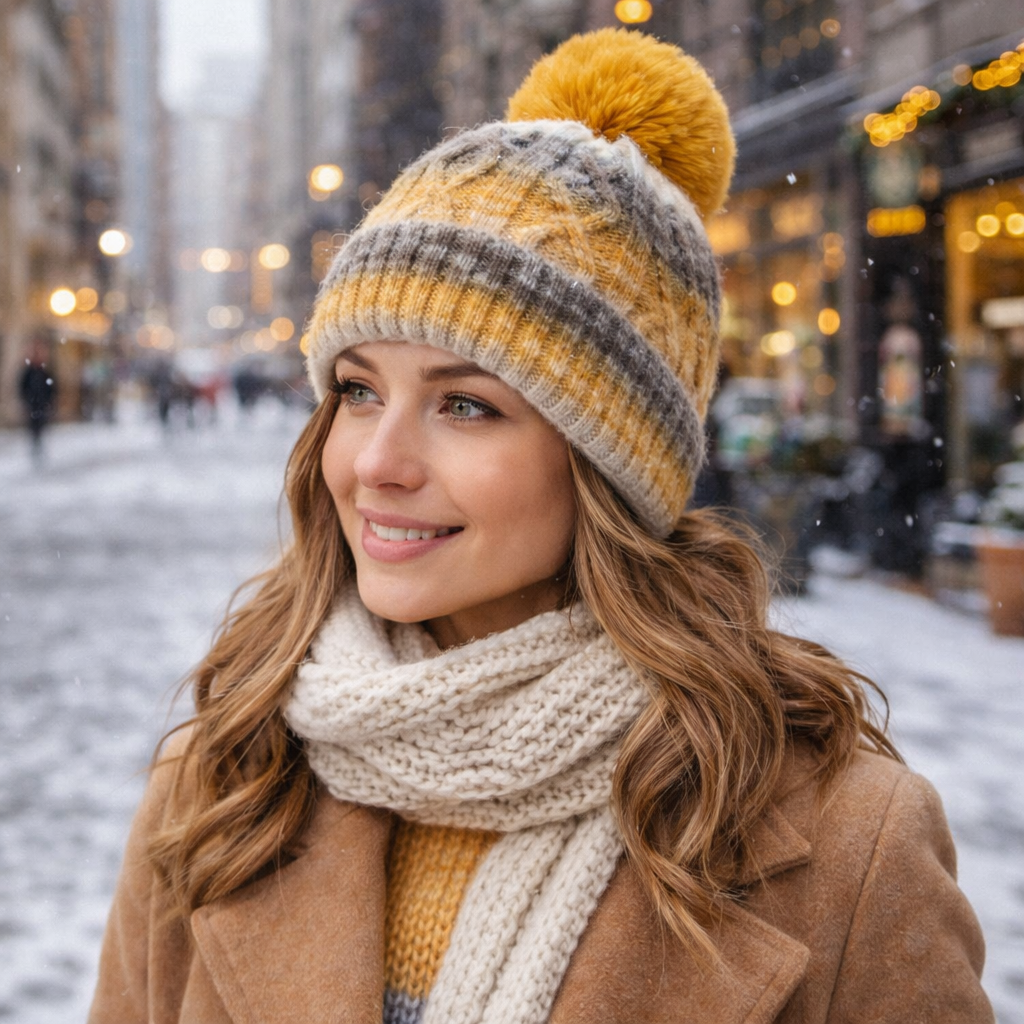 Thick Cable Knit Cuffed Beanie with Faux Fur Pom Pom