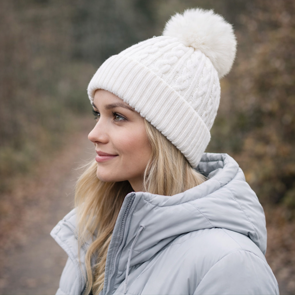 Winter Warm Cable Knit Beanie with Faux Fur Pom Pom
