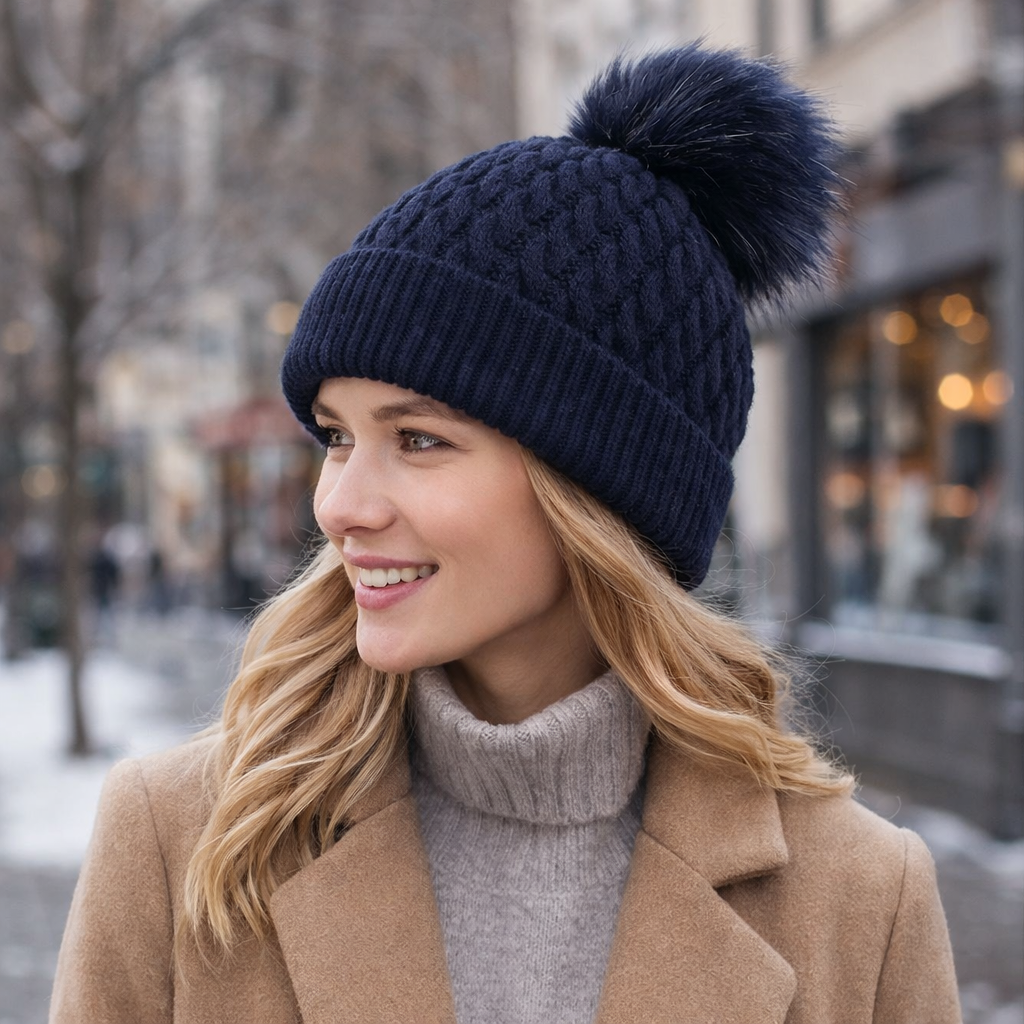 Warm Cable Knit Winter Pom Pom Hat – Unisex Snow Beanie Cap