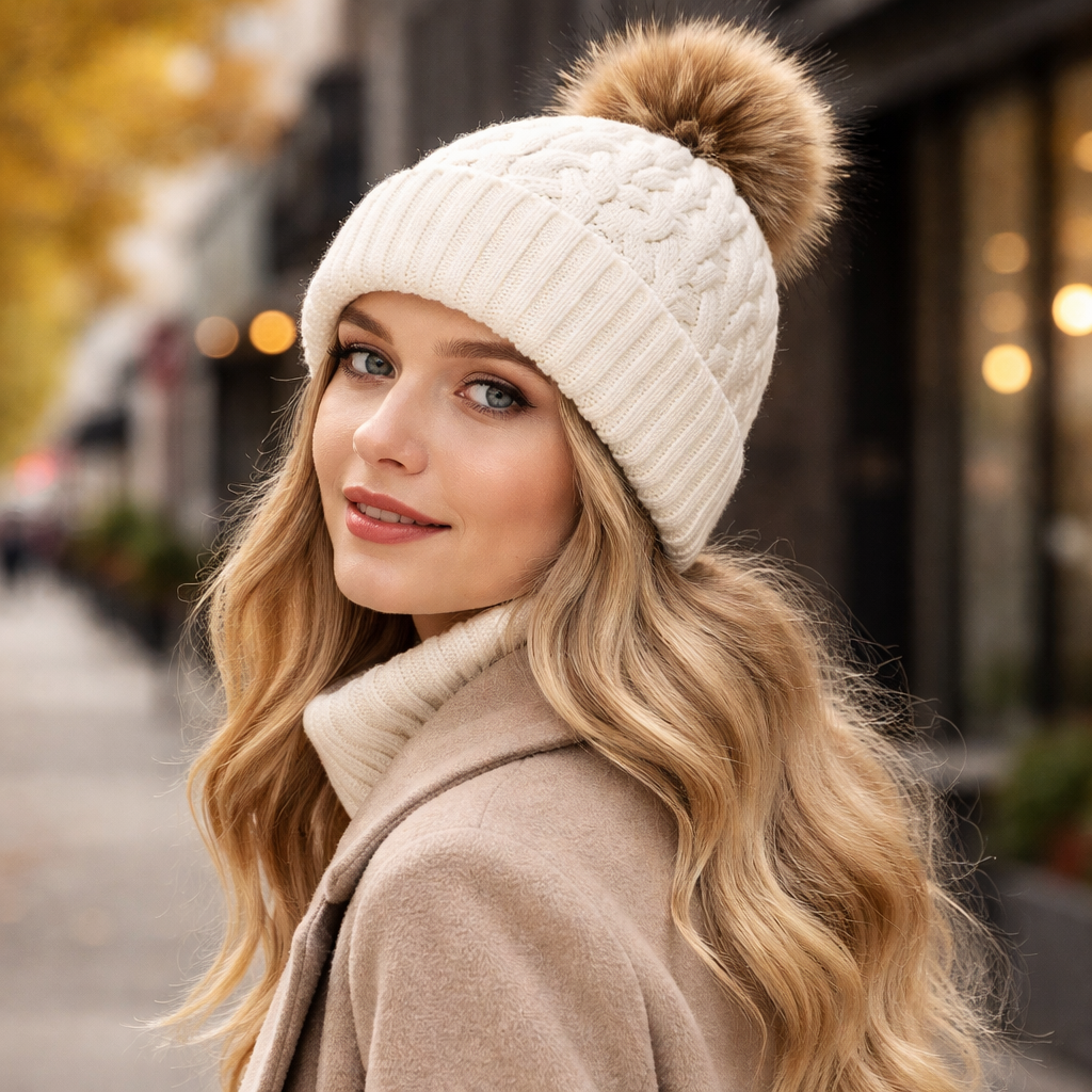 Winter Faux Fur Pom Cable Knit Beanie – Warm Chunky Cuffed Hat