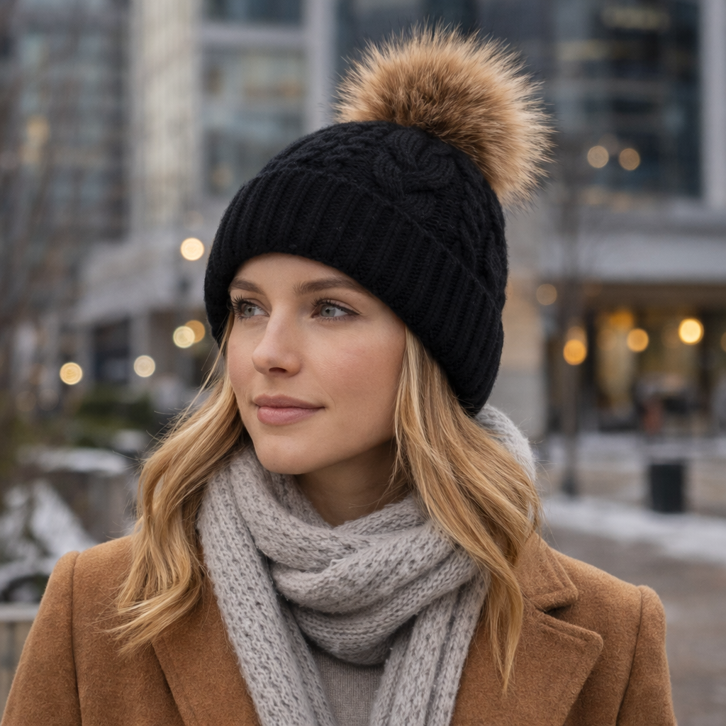 Winter Warm Cable Knit Beanie with Faux Fur Pom – Cuffed Soft Wool Hat