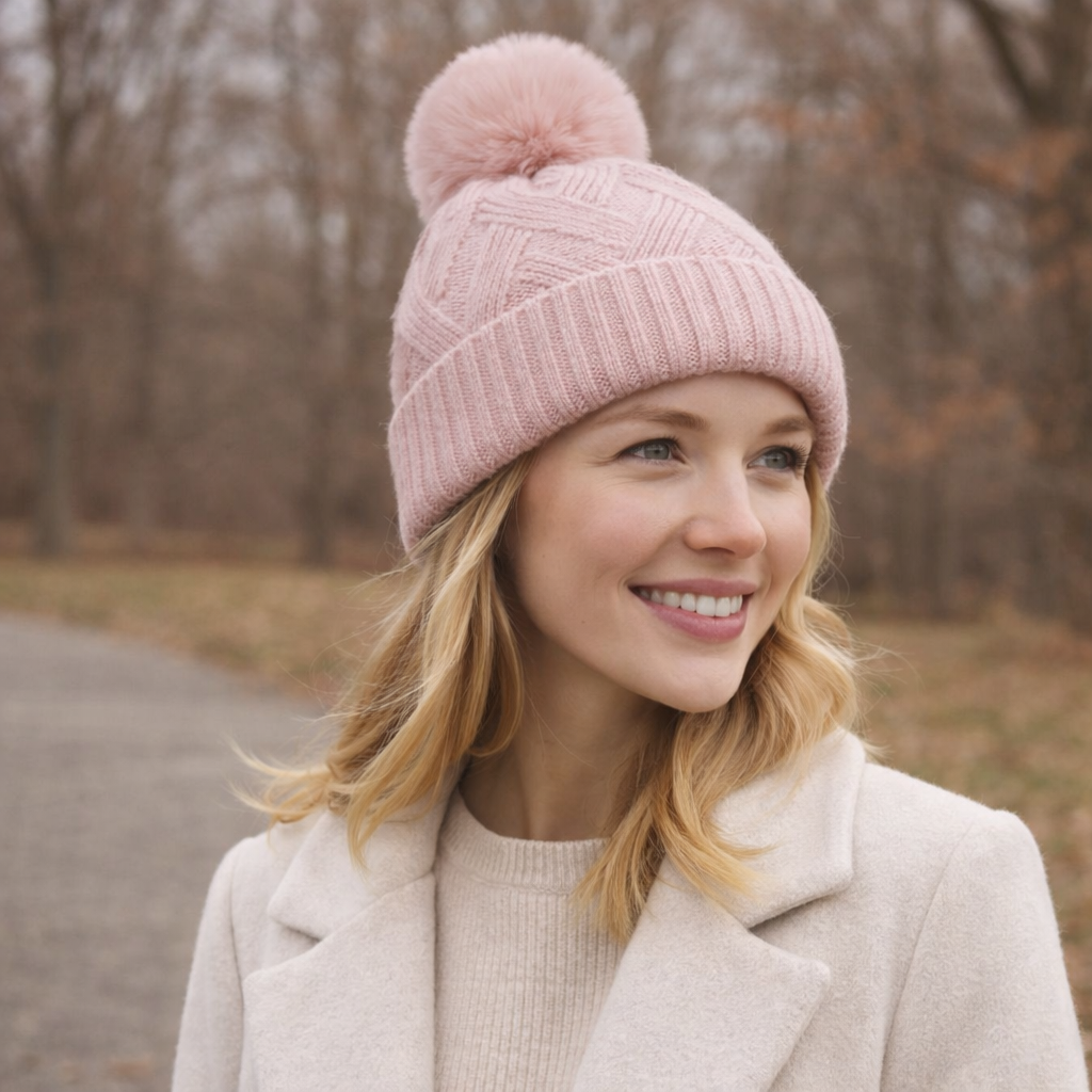 Winter Pom-Pom Knit Beanie – Soft Cable Texture with Faux Fur Top