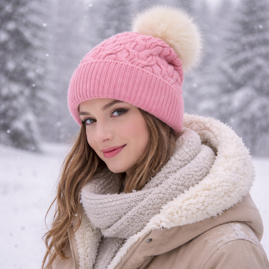 Cable Knit Cuffed Beanie Hat with Faux Fur Pom Pom