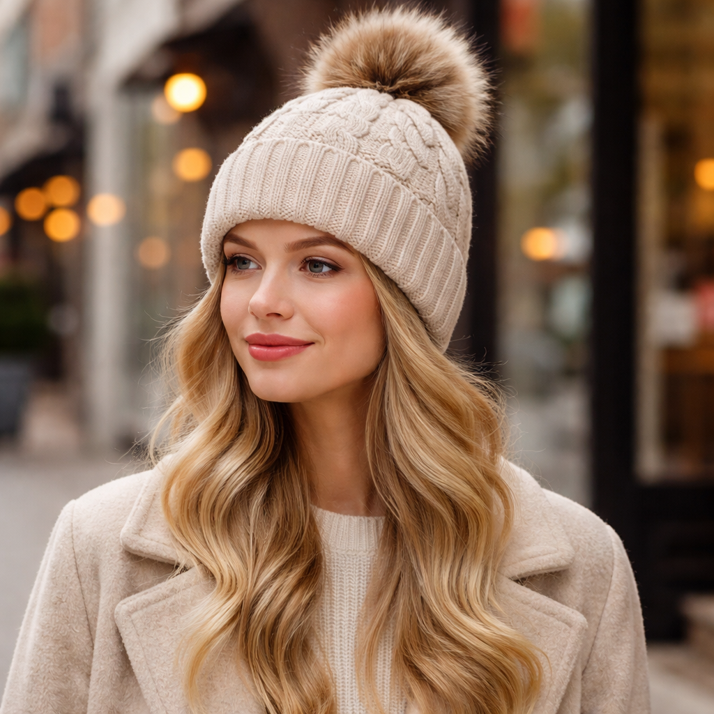 Faux Fur Pom-Pom Cable Knit Cuffed Winter Beanie Hat
