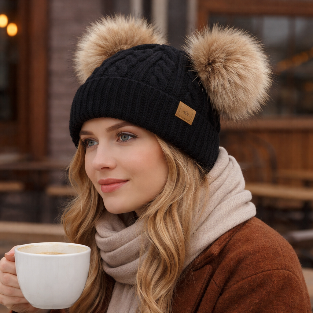 Warm Winter Cable Knit Double Pom Pom Beanie Hat for Kids & Adults