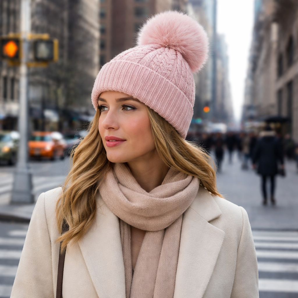 Winter Warm Chunky Knit Beanie Hat with Faux Fur Pom – Multiple Colors