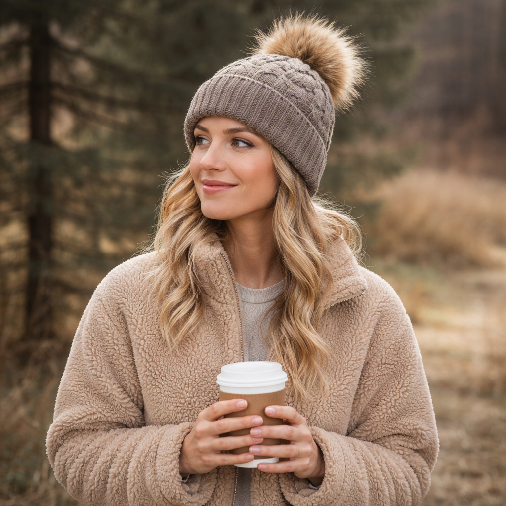 Winter Faux Fur Pom Cable Knit Beanie – Warm Chunky Cuffed Hat