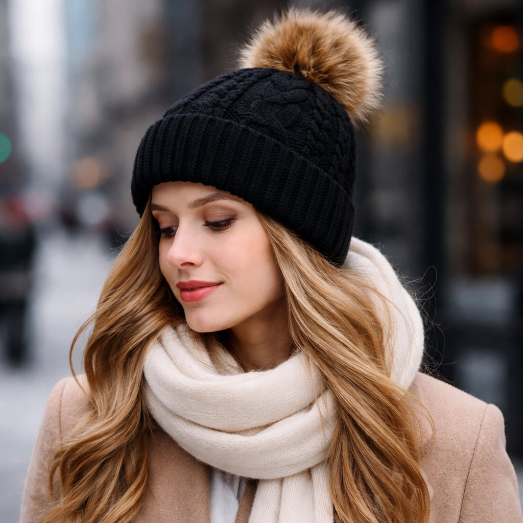 Winter Cable Knit Beanie with Faux Fur Pom – Soft Warm Cuffed Hat