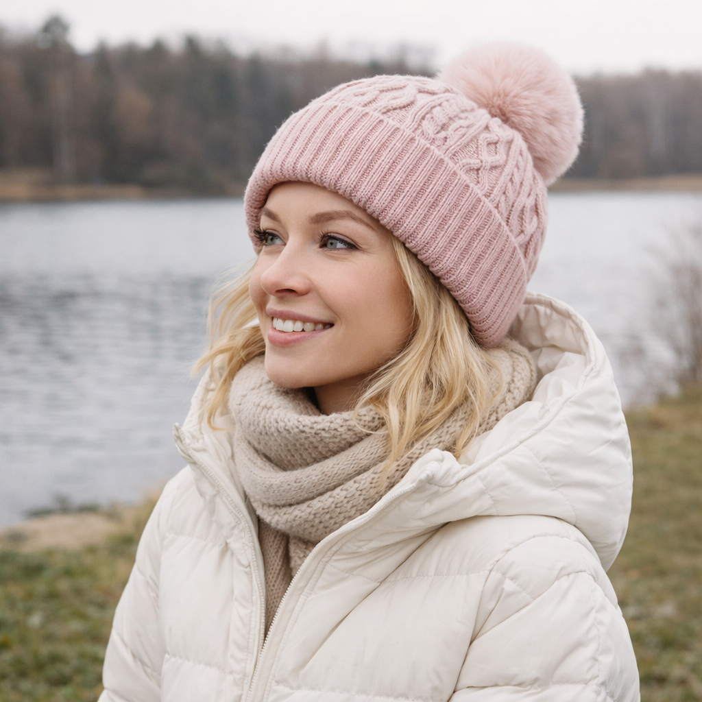 Winter Warm Cable Knit Beanie with Faux Fur Pom Pom
