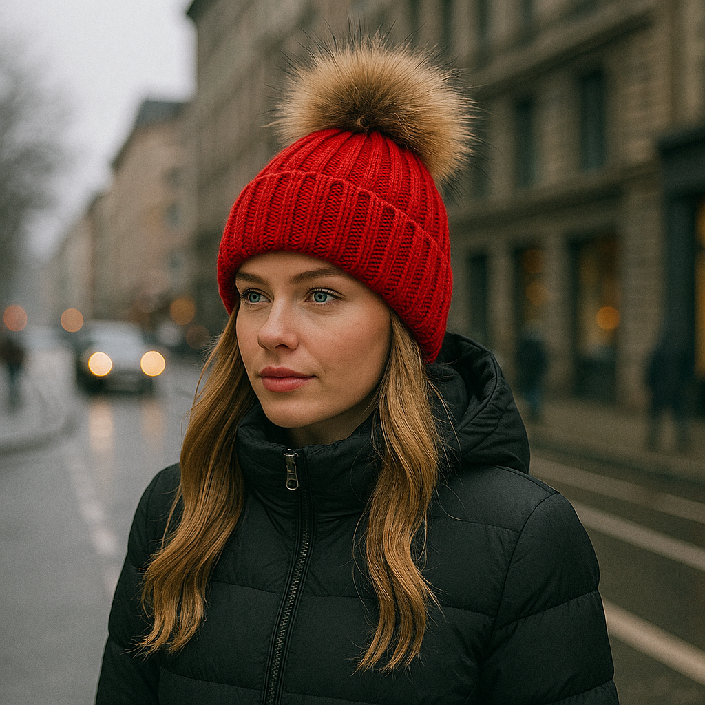 Winter Ribbed Knit Beanie with Faux Fur Pom Pom – Cuffed Warm Hat for Cold Weather