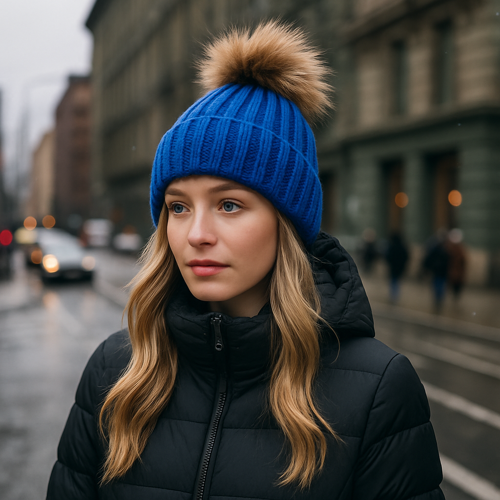 Winter Ribbed Knit Beanie with Faux Fur Pom Pom – Cuffed Warm Hat for Cold Weather