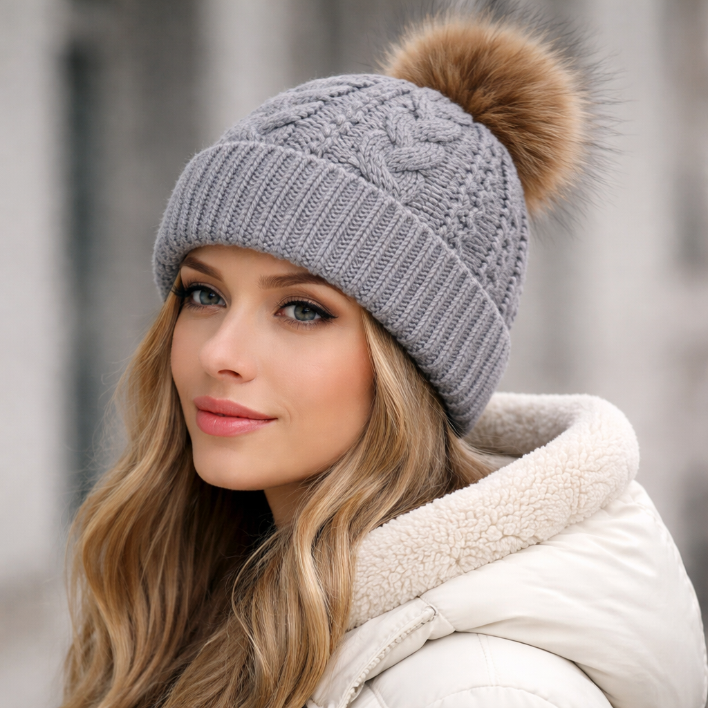 Winter Cable Knit Beanie with Faux Fur Pom – Soft Warm Cuffed Hat