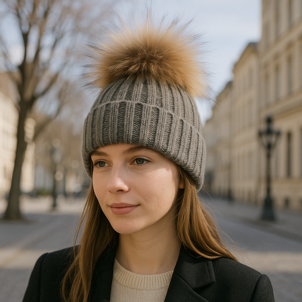 Winter Ribbed Knit Beanie with Faux Fur Pom Pom – Cuffed Warm Hat for Cold Weather
