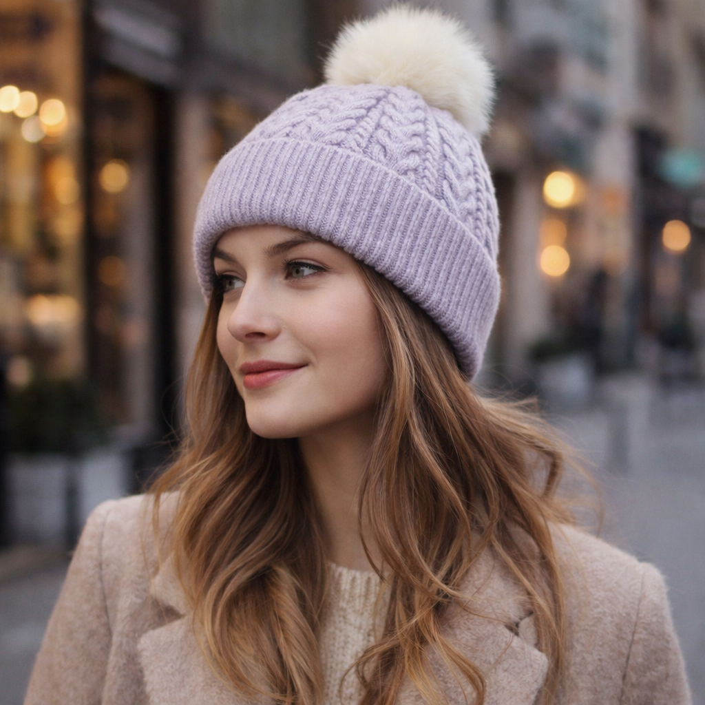 Winter Cable Knit Beanie with Faux Fur Pom Pom for Women