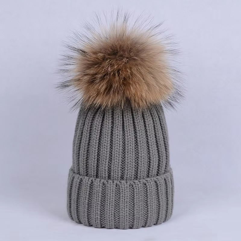 Winter Ribbed Knit Beanie with Faux Fur Pom Pom – Cuffed Warm Hat for Cold Weather
