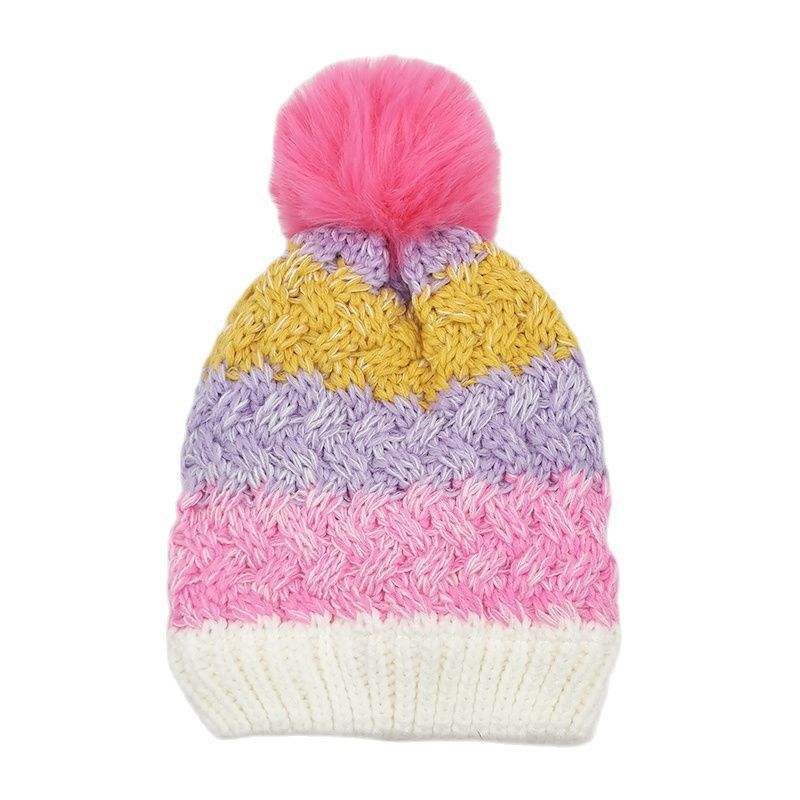 Colorful Gradient Cable Knit Beanie with Faux Fur Pom Pom Winter Hat