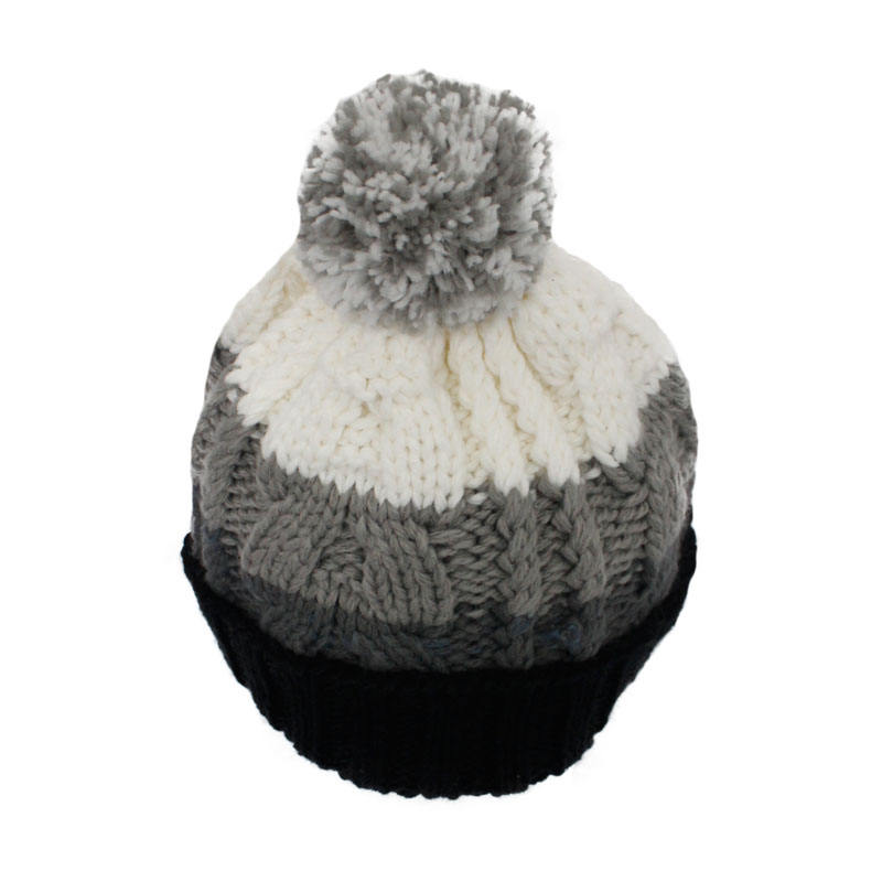 Gradient Cable Knit Winter Beanie with Pom Pom and Cuffed Ribbed Hem