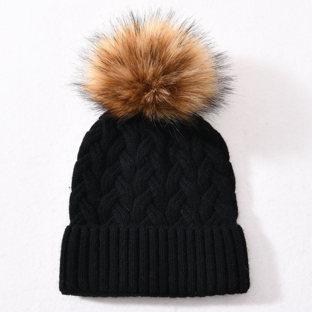 Winter Faux Fur Pom Cable Knit Beanie – Warm Chunky Cuffed Hat