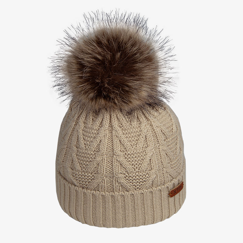 Winter Cable Knit Pom Pom Beanie Hat with Cuffed Ribbed Design
